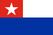 5 blue-white stripes, red triangle, white star