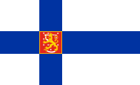white, blue nordic cross, red square coat of arms outlined in yellow
