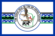 white, blue border, national seal, white-blue-green-black patterened stripe