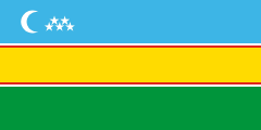blue-yellow-green, white and red outlines, white crescent and 7 stars
