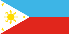 blue-red, white triangle, yellow sun, three yellow stars