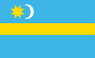 azure, thin yellow stripe, silver sun, golden moon